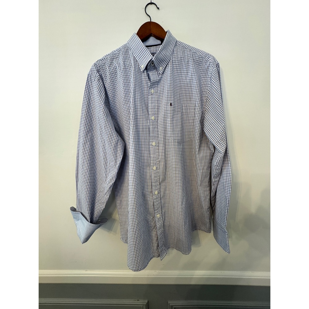 IZOD Mens Blue Brown Tattersall Check Button Down Shirt Size Large Long Sleeve